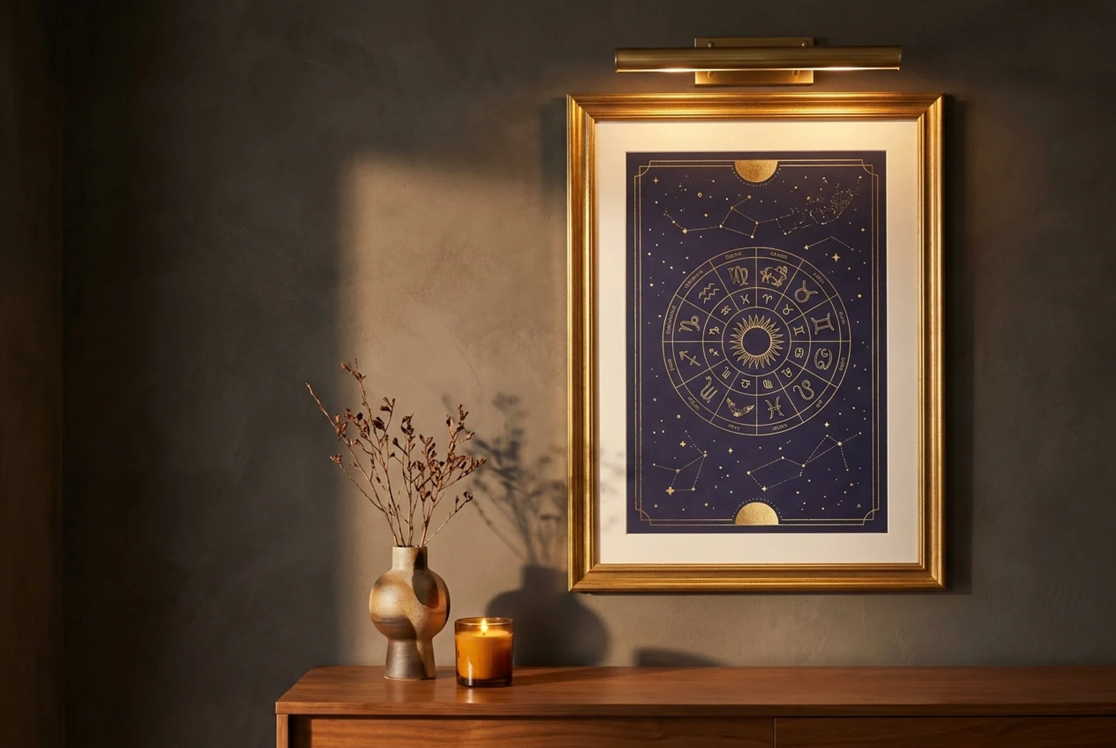 A framed AstroPoster on a warm gallery wall